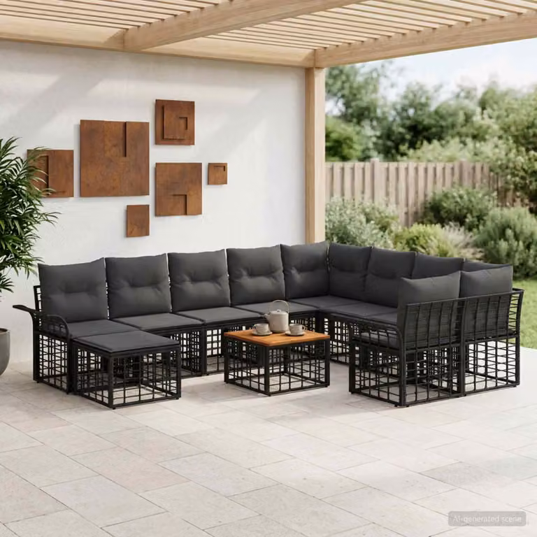 Set di divani da esterno vidaXL in polyrattan nero e grigio scuro con 11 pezzi e cuscini inclusi