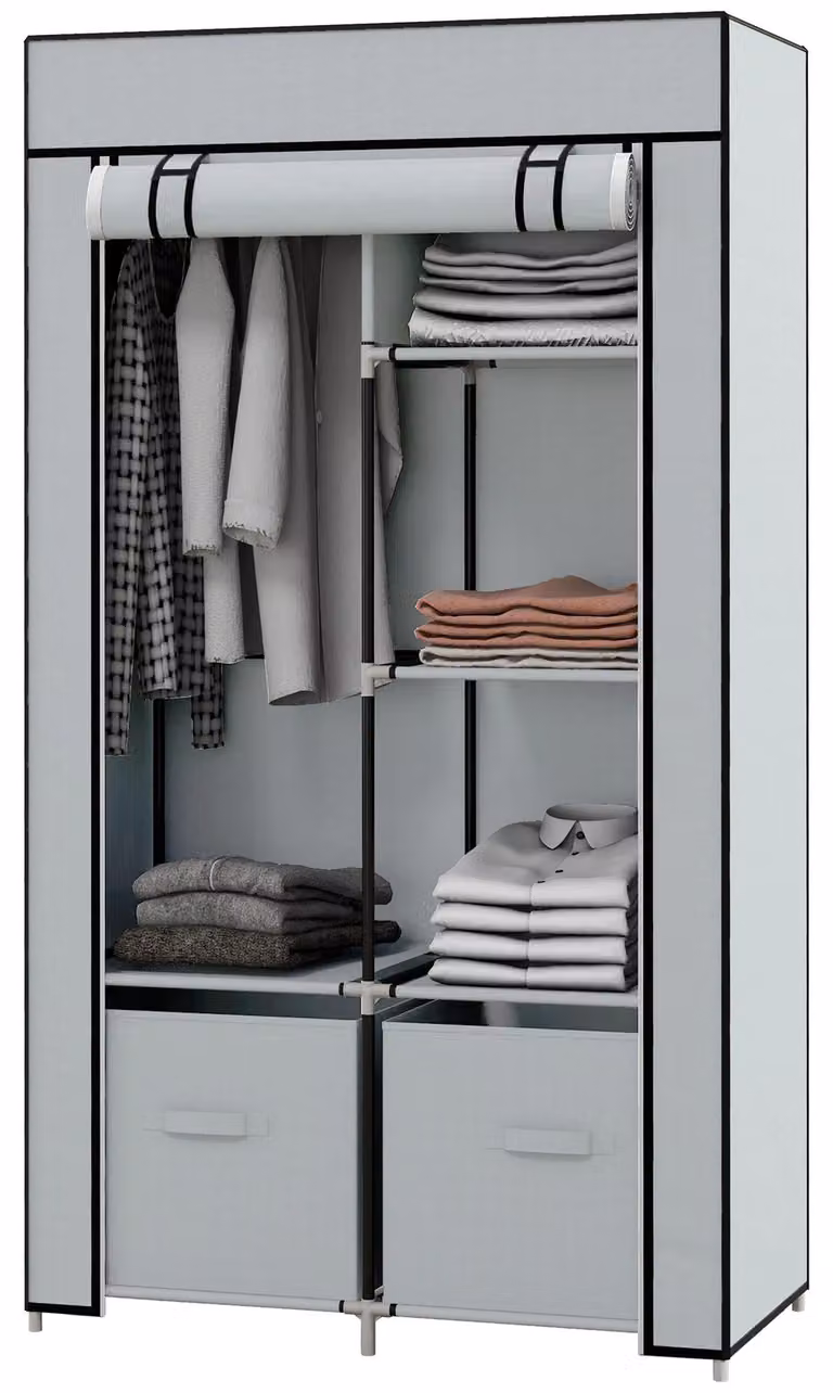 Armadio portatile in tessuto - Armadio pieghevole - 5 scomparti - Barra appendiabiti - Chiusura a zip - Struttura in metallo - 150 x 45 x 175 cm - Grigio chiaro