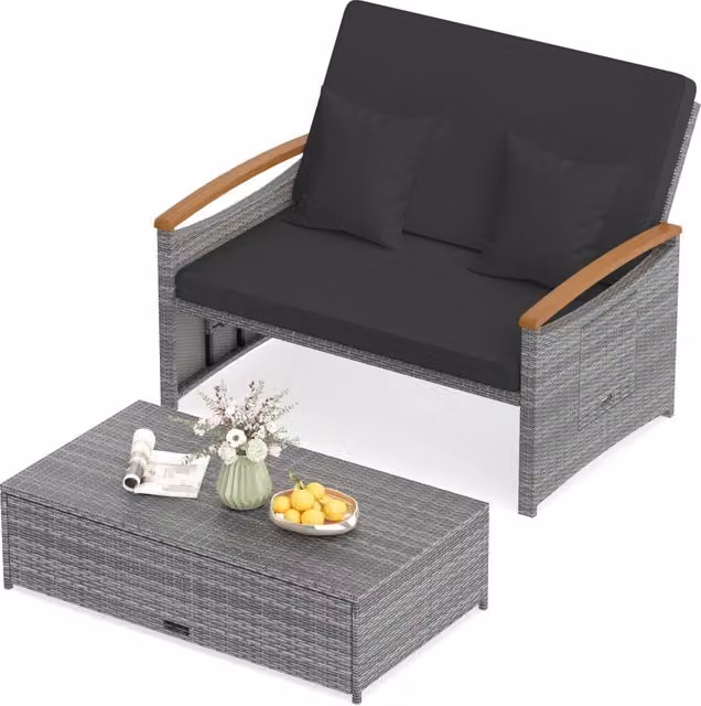 Letto da giorno in rattan per patio schienale regolabile a 4 livelli, Set 2 pezzi con divanetto e pouf contenitore tavoli ribaltabili Nero