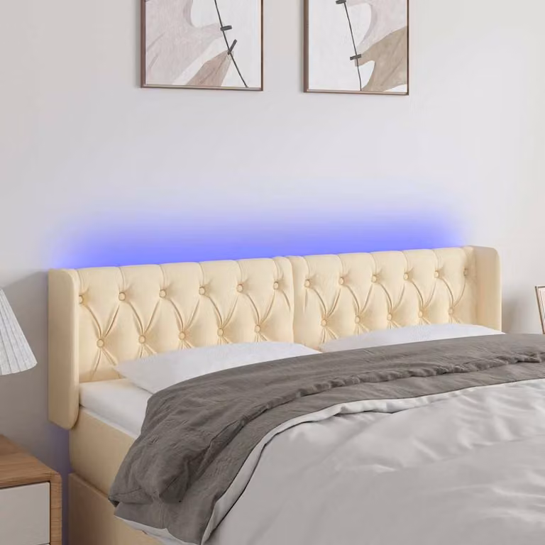 Testiera per letto vidaXL in tessuto beige con illuminazione LED e porta di ricarica USB, L: 163 cm, P: 16 cm, H: 78-88 cm