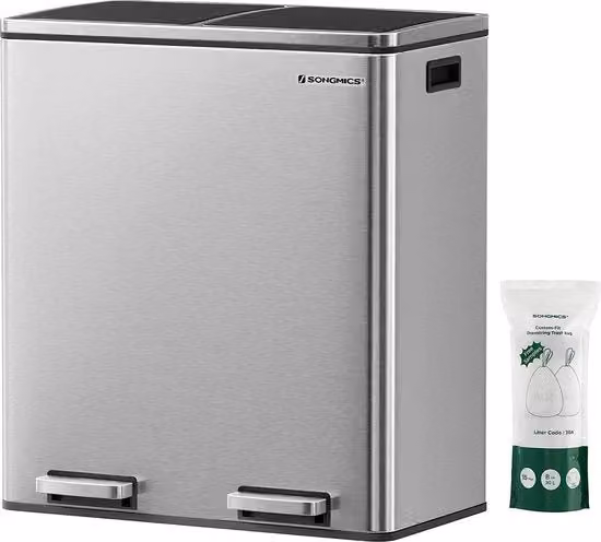 Contenitore per Rifiuti - Sistema di Separazione Rifiuti - 2 Cassetti - 2 x 30 L - Cromo