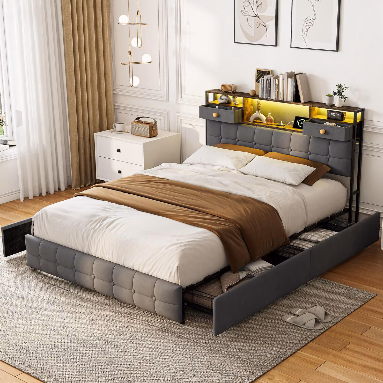 Letto imbottito Moonbite 140x200 cm con cassetti, illuminazione a LED e presa di ricarica USB, grigio