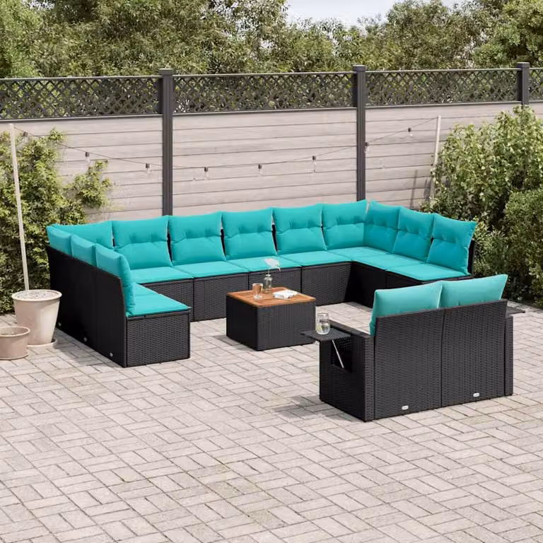Set di divani da giardino vidaXL in polyrattan nero con cuscini e tavolino da esterno a forma di U