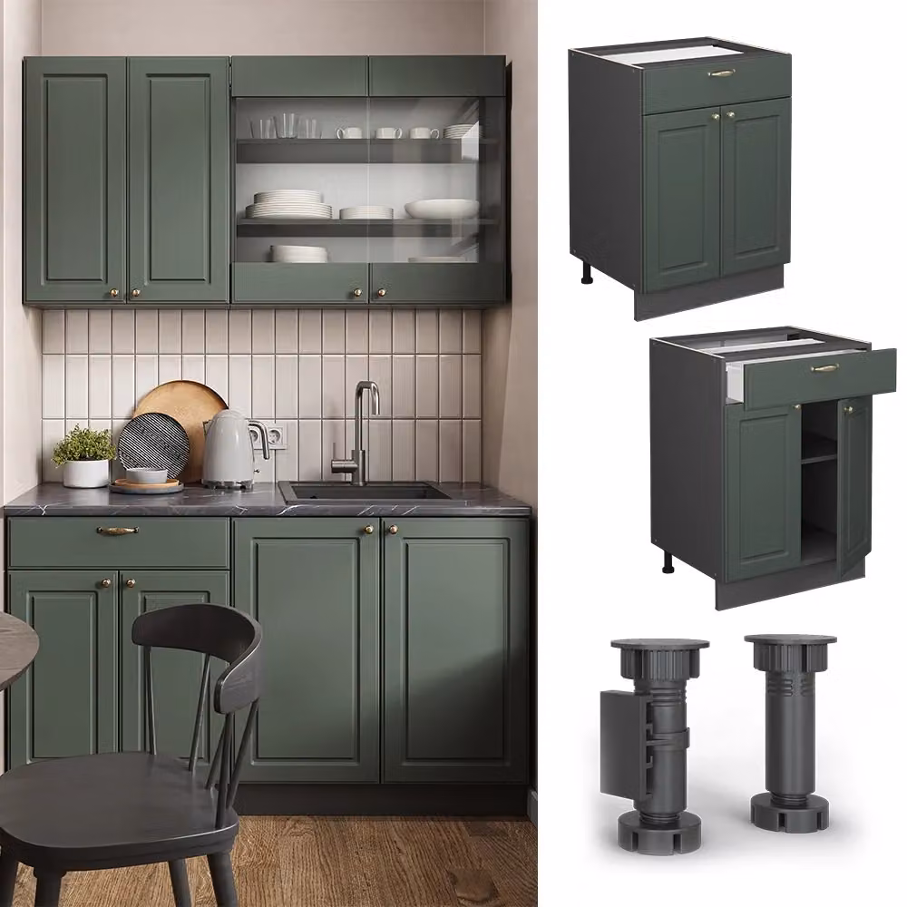 Mobiletto base per cucina Vicco Fame-Line stile rustico Verde-oro e Antracite con cassetto, senza piano di lavoro, L: 60 cm – 2