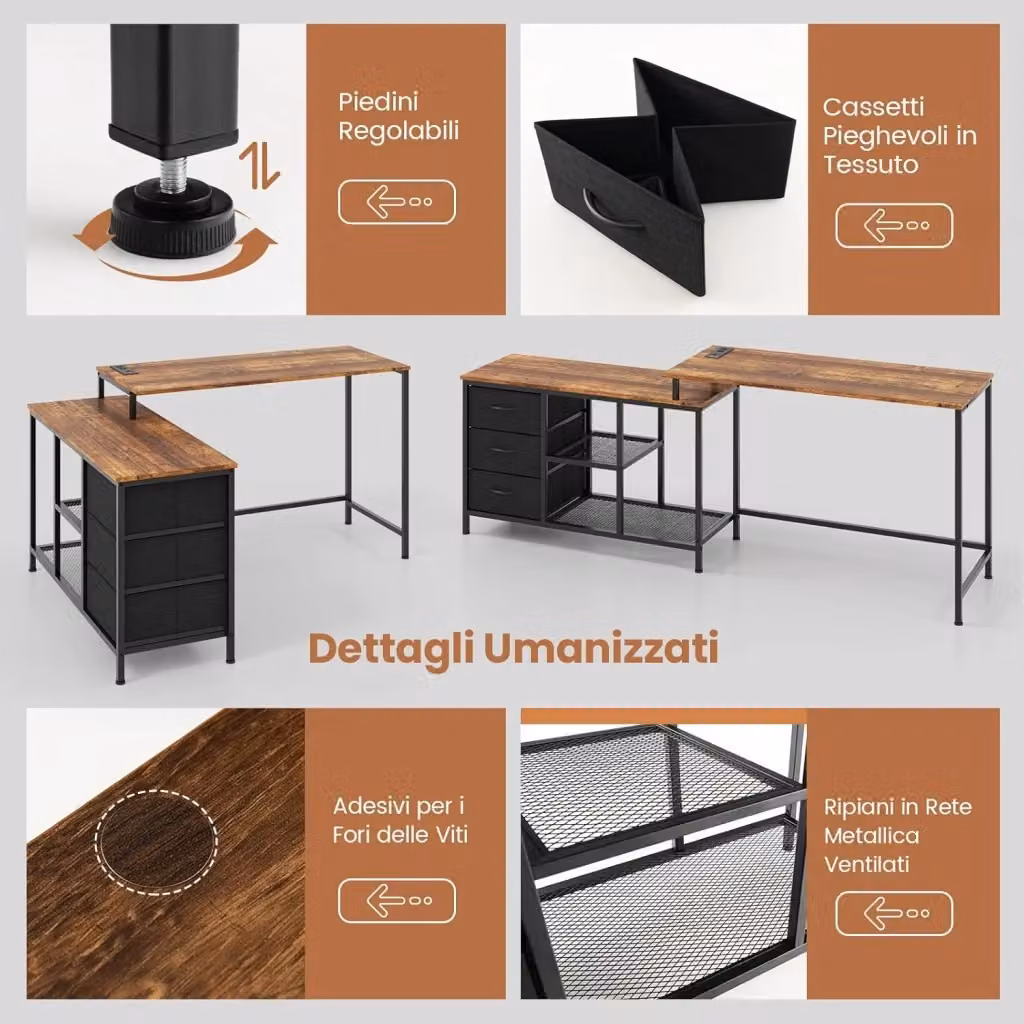 Scrivania Angolare Costway in Stile Industriale con Ripiani in Metallo e MDF, Modello Estensibile per Home Office e Cameretta, Marrone – 2