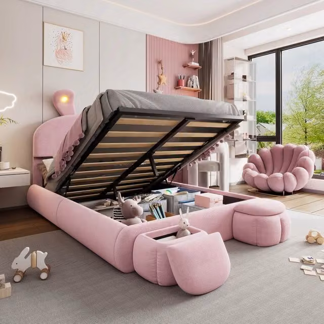 Letto 140x200 - Xylo - Orecchie coniglio LED velluto rosa