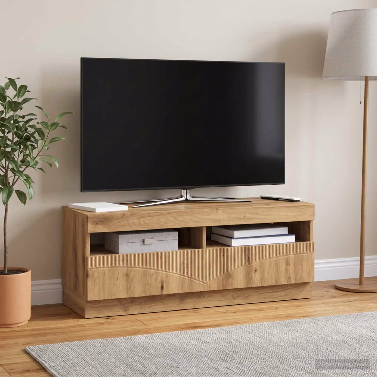 Mobile TV stand vidaXL in legno ingegnerizzato rovere con illuminazione integrata e vani porta media, colore marrone