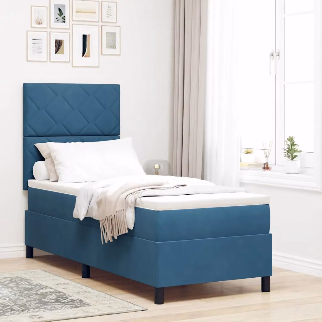 Letto a molle con testiera vidaXL in velluto blu, L 80 cm x P 200 cm