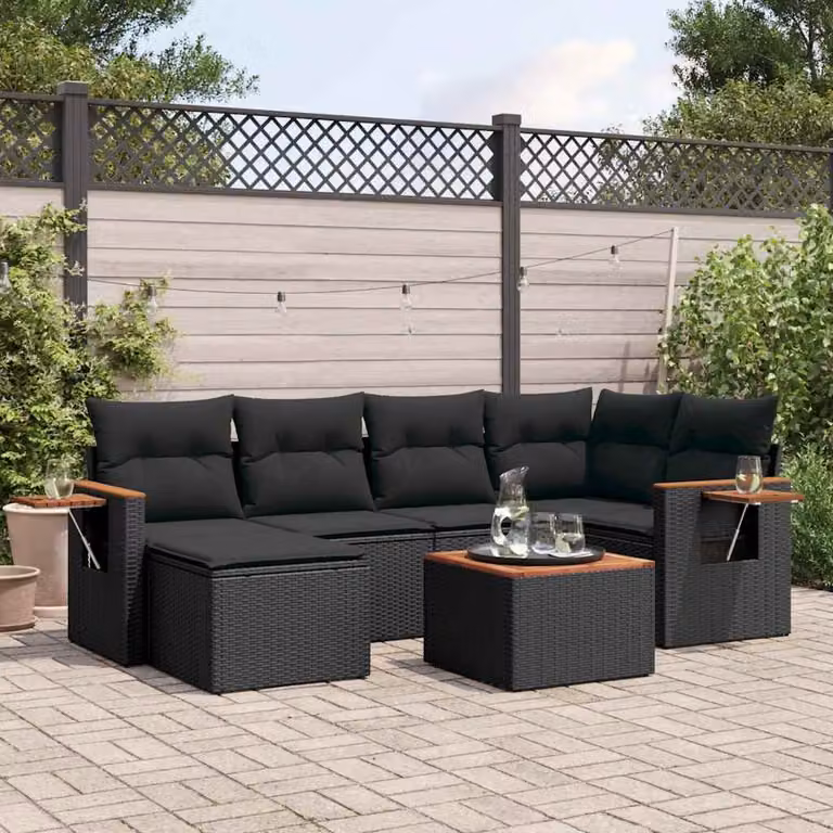 vidaXL Set Divano da Giardino a L con Cuscini 7pz Nero Polyrattan e Tavolino da Esterno