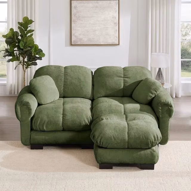 Divano angolare 2 posti con poggiapiedi ¨C Minimal ¨C verde imbottito con cuscini trapunto