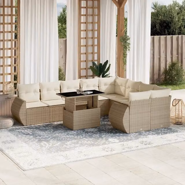 Set Divano da Giardino a L vidaXL in Polyrattan con Cuscini Beige e Tavolino da Esterno – 1