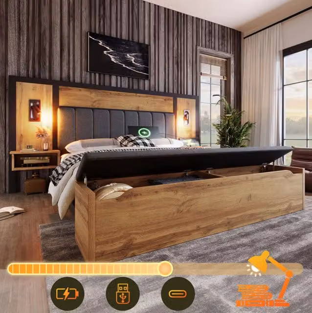 Letto matrimoniale 160 x 200 cm con luci, comodini USB-C e panca contenitore