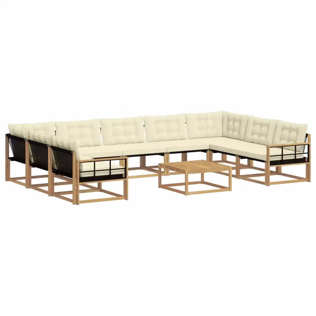 Set di divani da esterno vidaXL a forma di U con tavolo da caffè, struttura in legno di acacia e sedute in textilene, colore bianco e beige – 2