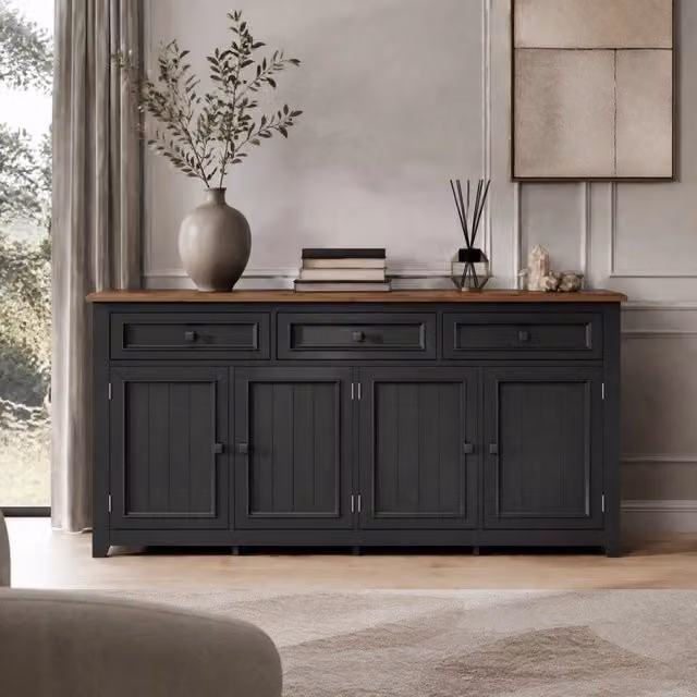 Madia Mivray con tre cassetti e quattro ante, ripiani regolabili in MDF nero con piano effetto legno, L 160 x P 35 x H 76 cm