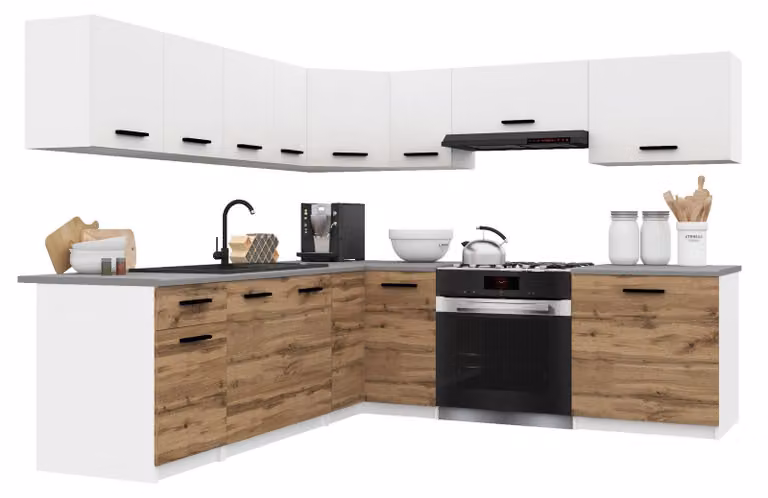 Belini - Angolo cottura moderno ITALIA 7 - Mobili da cucina 420 cm bianco-marrone dorato opaco - Cucina componibile con pensili, mobili base e piani di lavoro