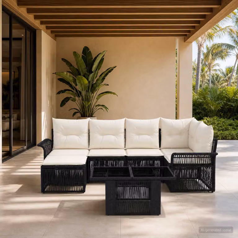 Set Divano da Giardino vidaXL 7 Pezzi a Forma di L con Poltroncina e Tavolino, Colore Nero e Bianco Crema, Struttura in Metallo e Polyrattan con Cuscini Inclusi