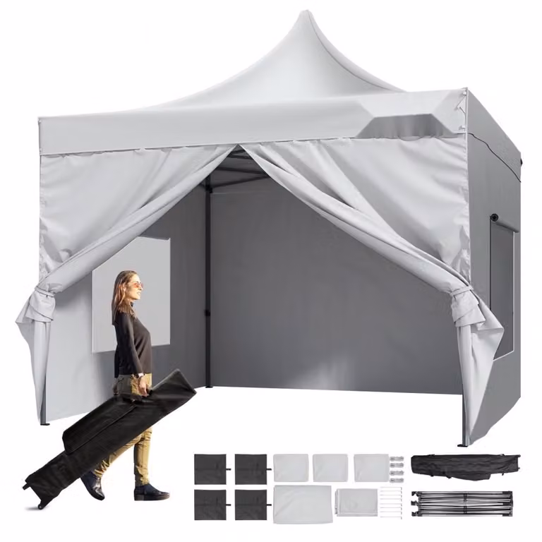 Padiglione 304,8x304,8x320cm - Tenda da giardino in tessuto 500DPoliuretanosilver - Padiglione pieghevole regolabile in altezza con sacca di contenimento - Tenda da festa per 6-8 persone - Tenda pop-up - Bianco - Padiglione da giardino per campeggio