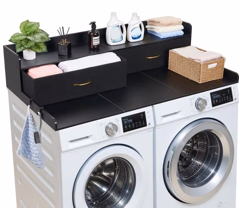 Mobiletti contenitori per lavatrice, dimensioni 137 x 69,9 cm, colore nero, con 2 cassetti e ripiano