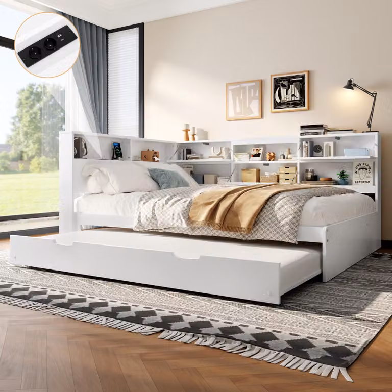 Letto a giorno 140x200 cm con letto estraibile 90x190 cm, testiera a forma di L con spazio contenitore, prese USB e Type-C, realizzato in legno di pioppo/MDF, colore bianco, senza materasso