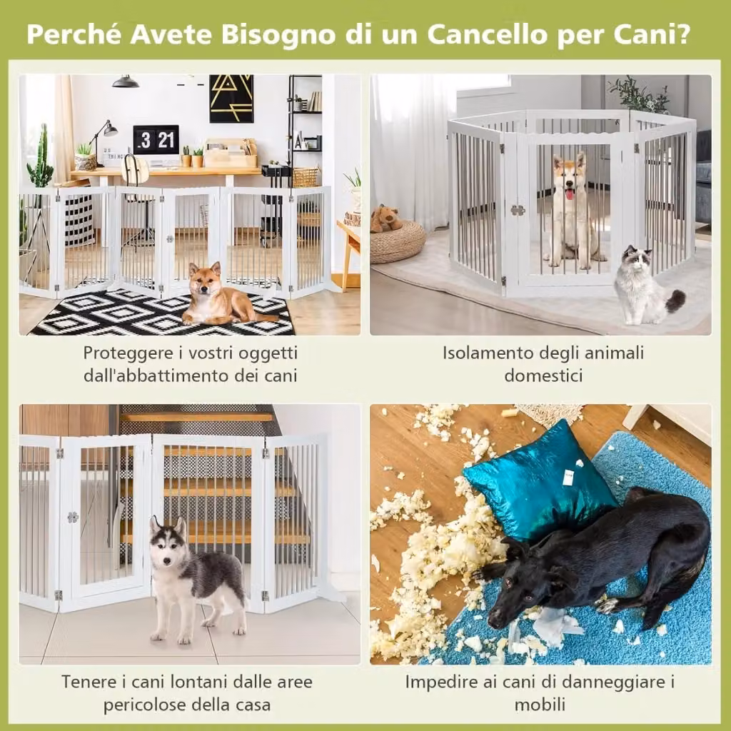 Costway Recinzione per Animali Domestici con 6 Pannelli in Metallo Bianco, L: 366 cm, H: 80 cm, P: 18 cm – 2