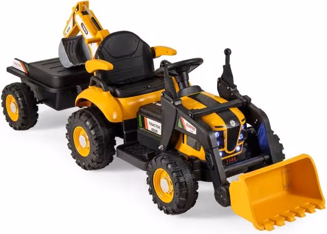 Veicolo di costruzione elettrico 12V con rimorchio cucchiaia scavatore trattore-Escavatore e bulldozer 4-in-1 per bambini Giallo
