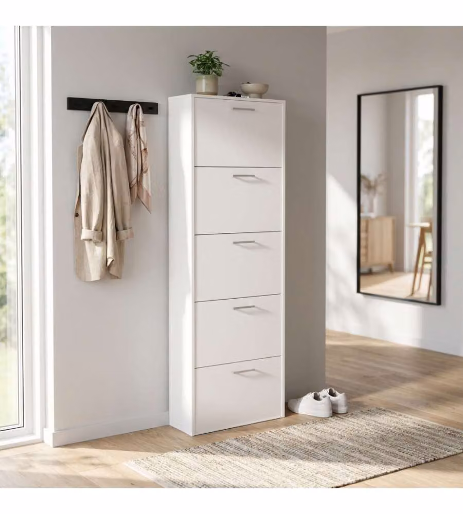 Scarpiera moderna Cosma con 5 ante a ribalta in MDF bianco L: 59 cm, P: 25 cm, H: 172 cm
