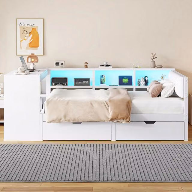 Letto 140x200 con cassetti; vani portaoggetti; ricarica USB; luci LED e testiera imbottita in lino; bianco