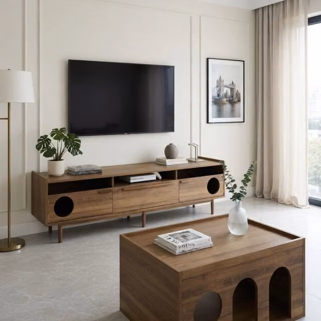 Cassettiera per TV KOMHTOM in stile mid-century, colore marrone, con vetro e illuminazione integrata, L: 180 cm, P: 50 cm, H: 40 cm