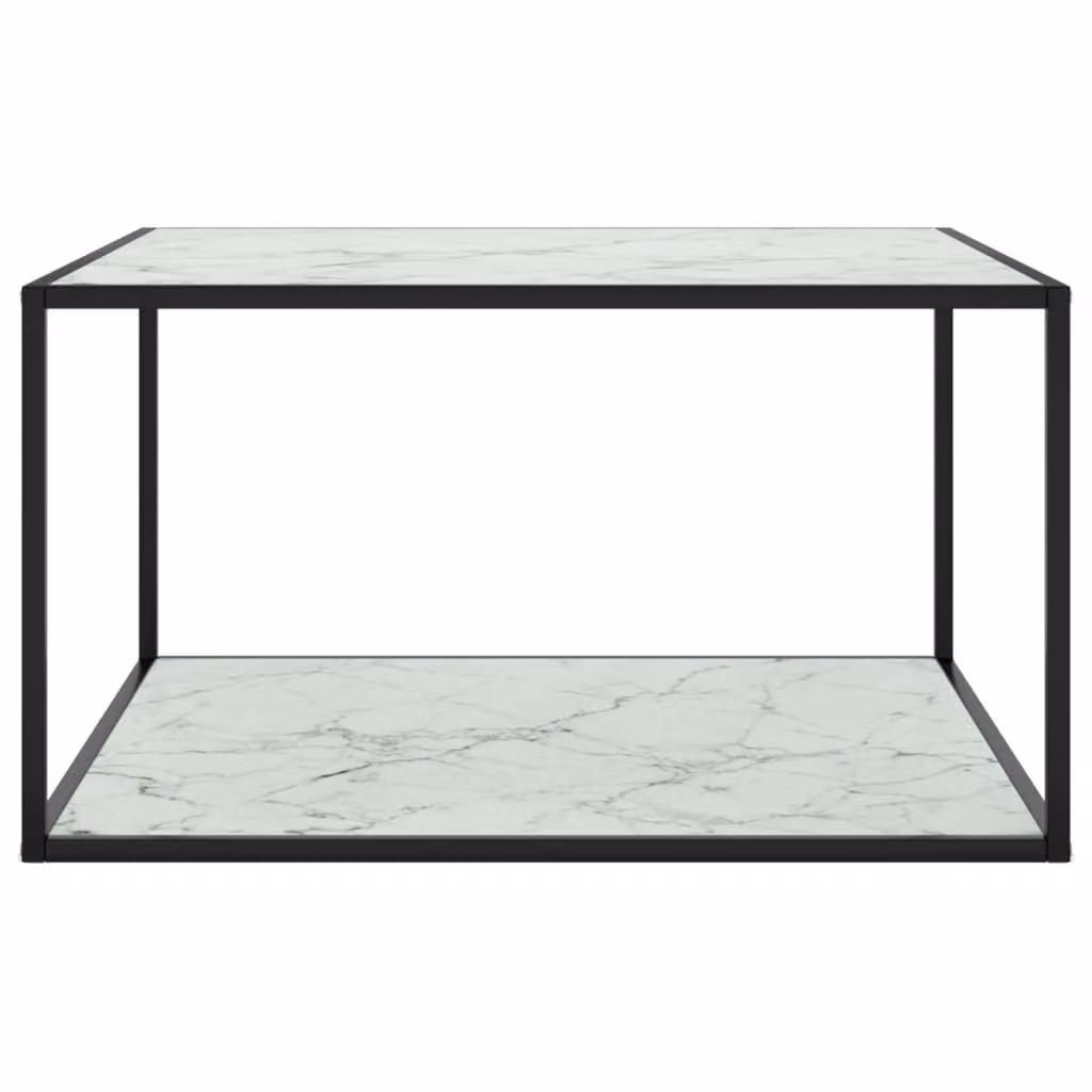 Tavolino da Salotto Nero con Vetro Marmo Bianco 90x90x50 cm