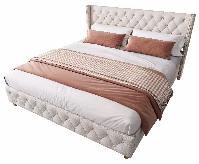 Letto imbottito 160x200 cm, color beige, rivestito in lino beige, con rete a doghe, testiera imbottita, ideale per la camera da letto