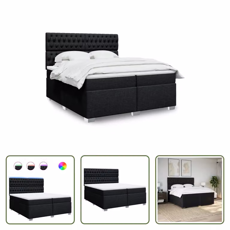 The Living Store Letto a molle con materasso nero 200x200 cm in tessuto