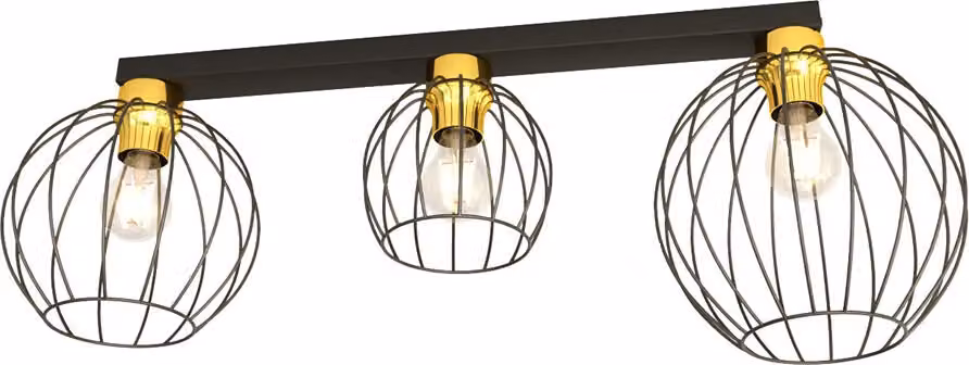 Lampada da soffitto in stile industriale con 3 paralumi in filo metallico e cornice nero-oro NEST 3xE27 15W Emibig