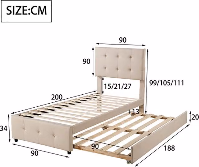 Letto singolo 90x200cm con testiera regolabile e letto aggiuntivo per bambini - Xylo - Beige