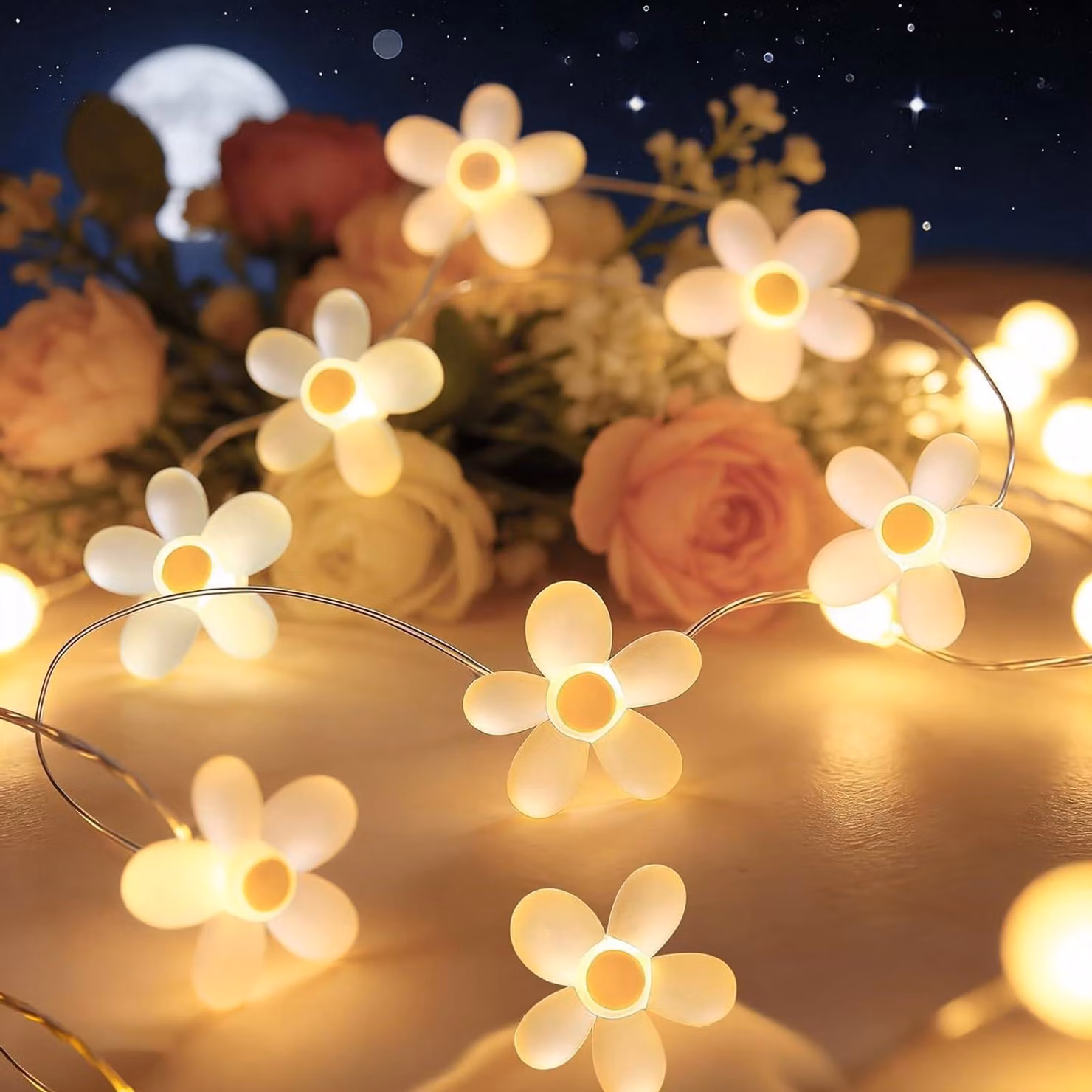 Catena luminosa a forma di fiori, 1 metro, 10 LED, margherite, luce bianco caldo, alimentazione a batteria