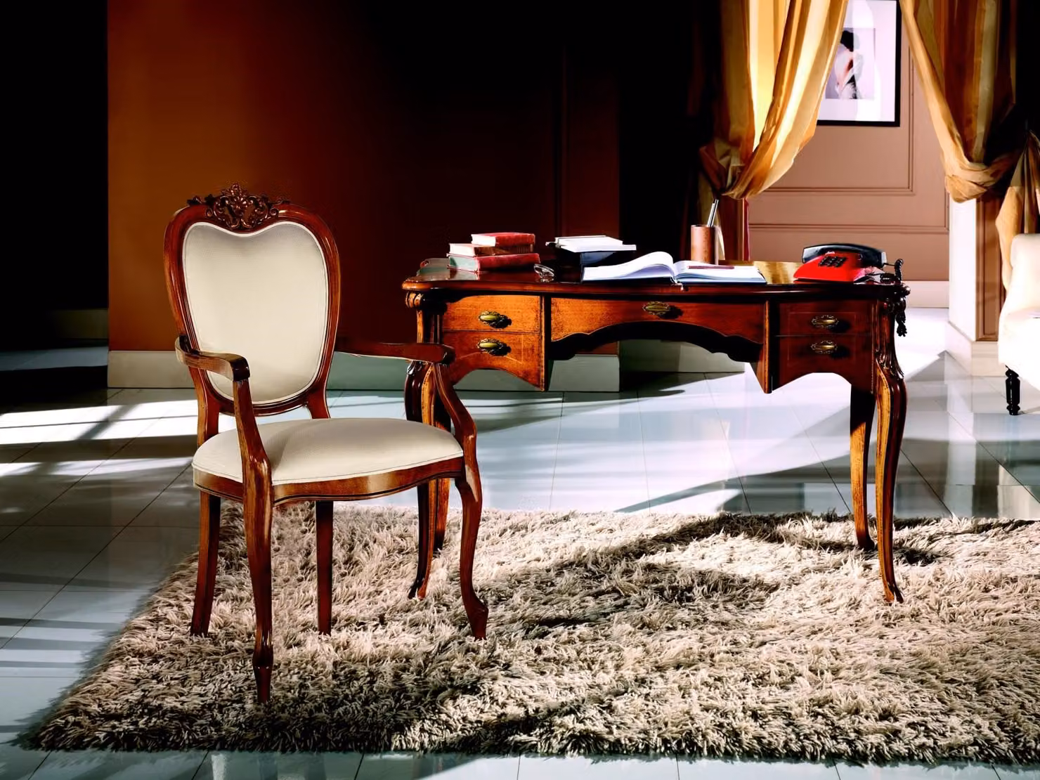 Holz Möbel Luxus Büro 2tlg Set Schreibtisch Sessel Italienische Möbel Barock