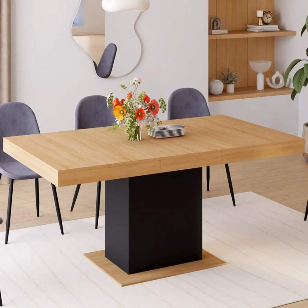 IDMarket EDEN Tavolo da pranzo rettangolare allungabile in stile industrial con colonna centrale, legno e laminato MDF, disponibile in nero, beige o marrone – 2