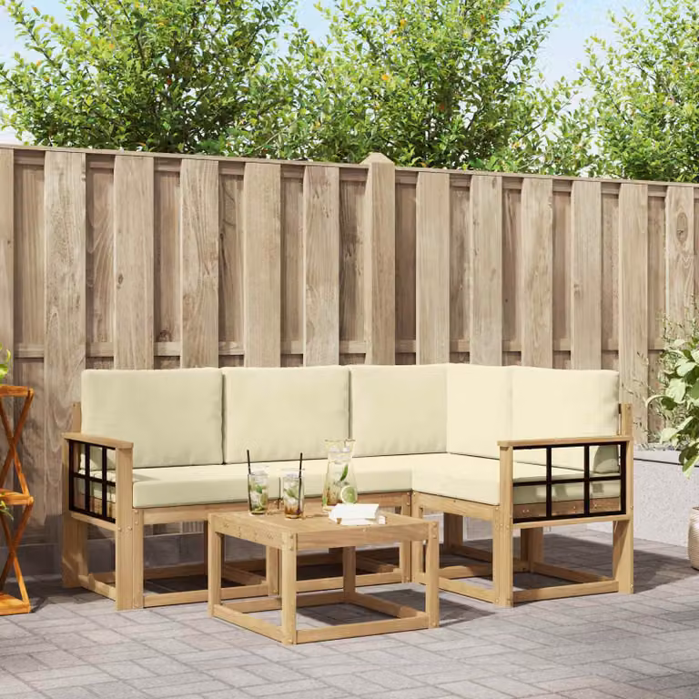 Set di divani da esterno vidaXL a forma di L in legno di acacia con tavolo da caffè e cuscini, Bianco e Beige