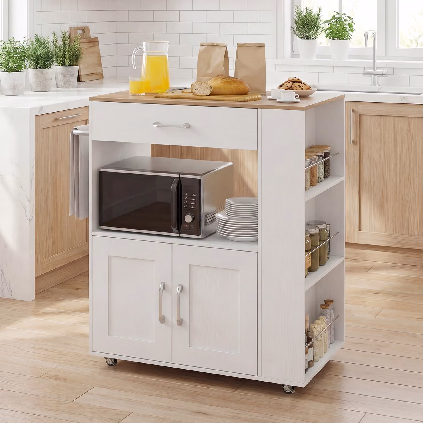 Isola cucina mobile Costway con carrello su ruote bloccabili e ricarica integrata, design moderno con cassetti e portasciugamani, colore Bianco