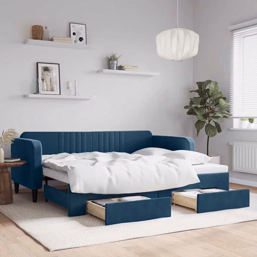 vidaXL Divano Letto Estraibile in Velluto Blu con Cassetti, L/P/H: 223 x 90 x 100 cm