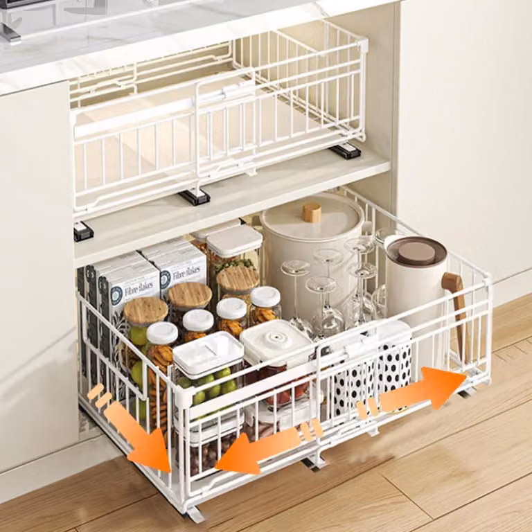 Cassetti telescopici estensibili per l'organizzazione della cucina, da 32,5 a 50 cm, colore bianco, confezione da 2 pezzi