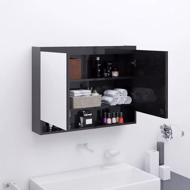 Armadietto Bagno con Specchio 80x15x60 cm in MDF Nero Lucido 331531