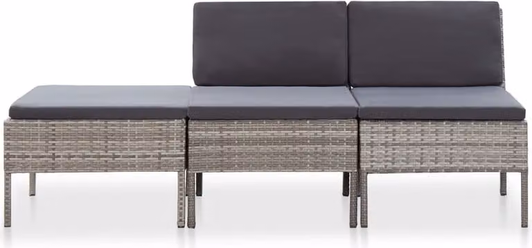 set di 3 pezzi per salotto da giardino con cuscini in poly rattan grigio