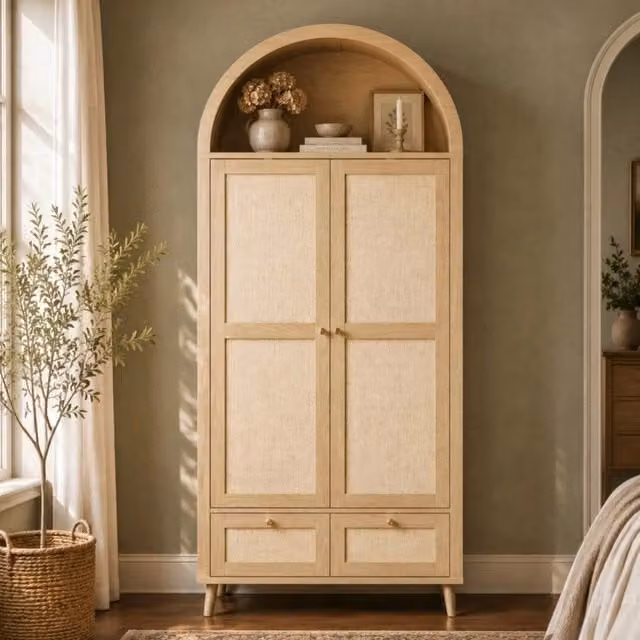 Armadio con 2 porte e 2 cassetti ¨C Minimal ¨C rovere chiaro struttura rattan beige 90x51x180