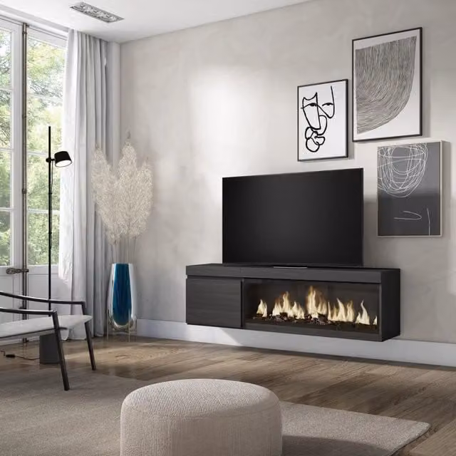 Mobile TV Soggiorno, 158x35x45cm, Per TV fino a 65", Camino elettrico XXL, da appendere, Nero RF3248