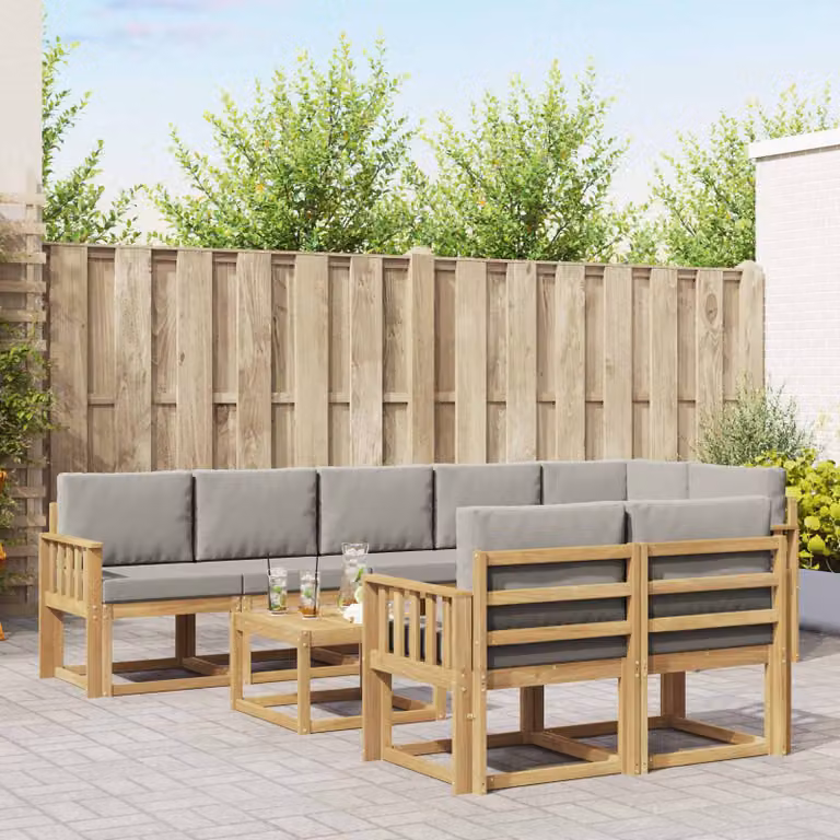 vidaXL Set di divani da esterno a L in legno di acacia con tavolo da caffè, 9 pezzi, Bianco, Grigio e Marrone
