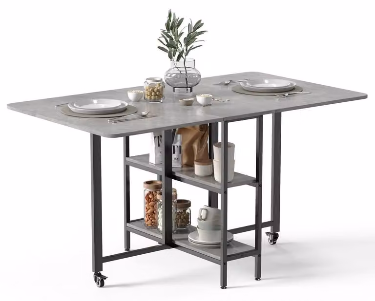 Tavolo pieghevole da pranzo con 2 ripiani, allungabile, dimensioni 140 x 80 x 75 cm, colore grigio