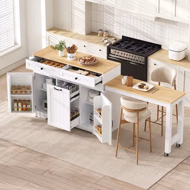 Isola cucina con piano di lavoro in MDF bianco, tavolo estraibile e contenitori, L x B x H: 188,6 x 36,7 x 91 cm