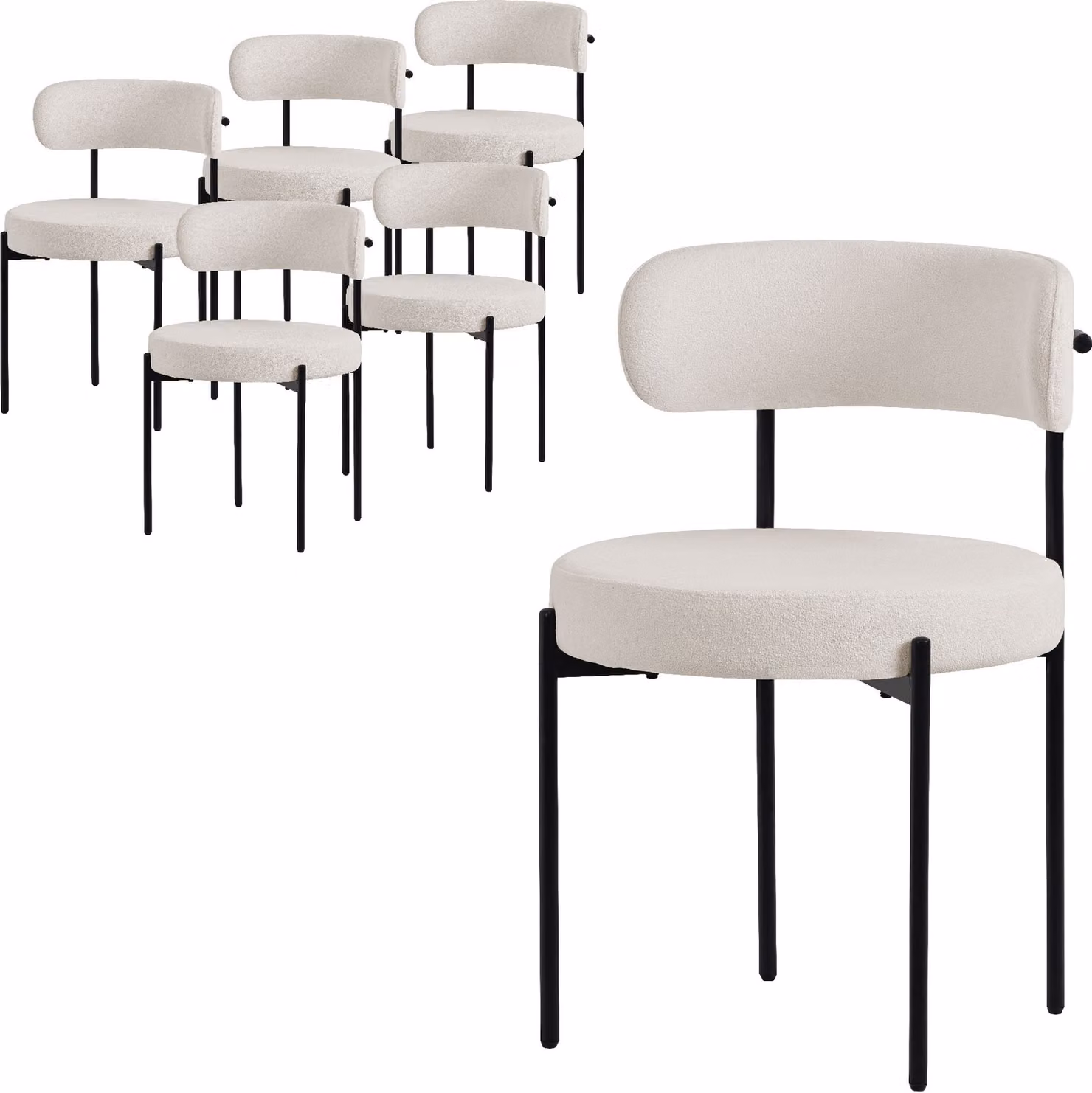 ML-Design set di 6 sedie per sala da pranzo, sedia da cucina, in tessuto teddy bianco, sedia da soggiorno con schienale, sedie imbottite con gambe in metallo, sedia lounge