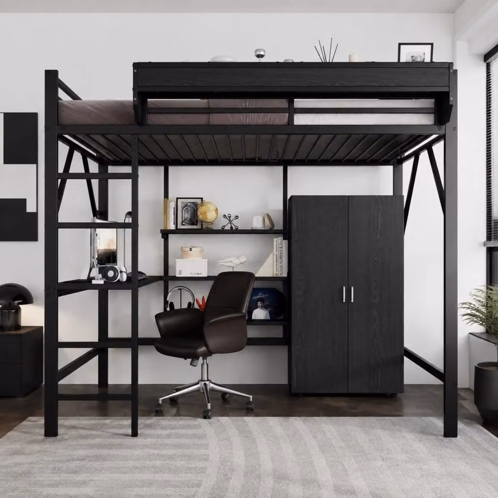 Letto a soppalco MIVRAY nero con scrivania, armadio, ripiano laterale, rete e scala in metallo e MDF, L/P/H: 200 x 140 x 180 cm – 2