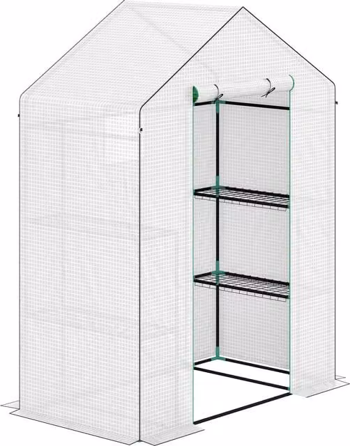 Serra Outsunny a 3 Livelli con 1 Porta e 2 Finestre, Ripiani a U per Coltivazione di Piante, Bianco, L 140 cm x P 73 cm x H 190 cm – 1